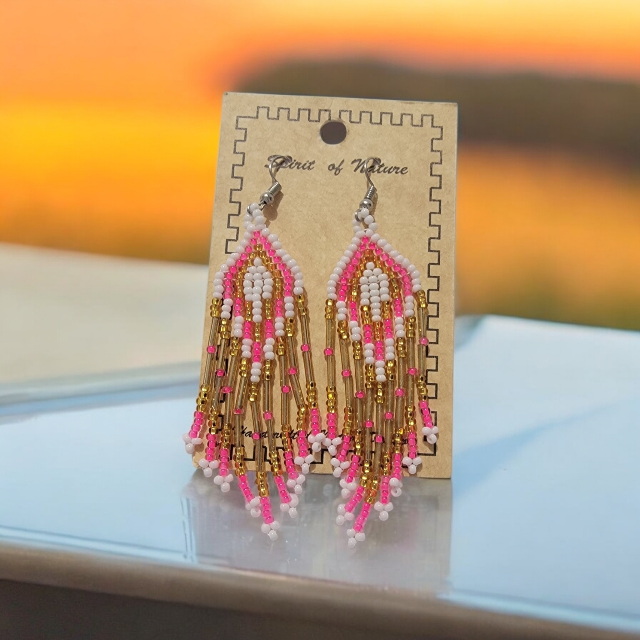 Hand Beaded Pink, White, And Gold Earrings
